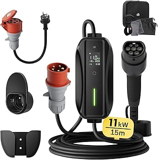 dé Mobile Wallbox/Ladestation 11kW [3-phasig|15m|6-16A] mit Einstellbarer Ladeleistung, Ladekabel CEE 16A auf Typ 2 und EV Ladegerät für Model Y/3, ID.3/4/5, MG4, EX30, e-up, e-tron, Zoe und andere EV
