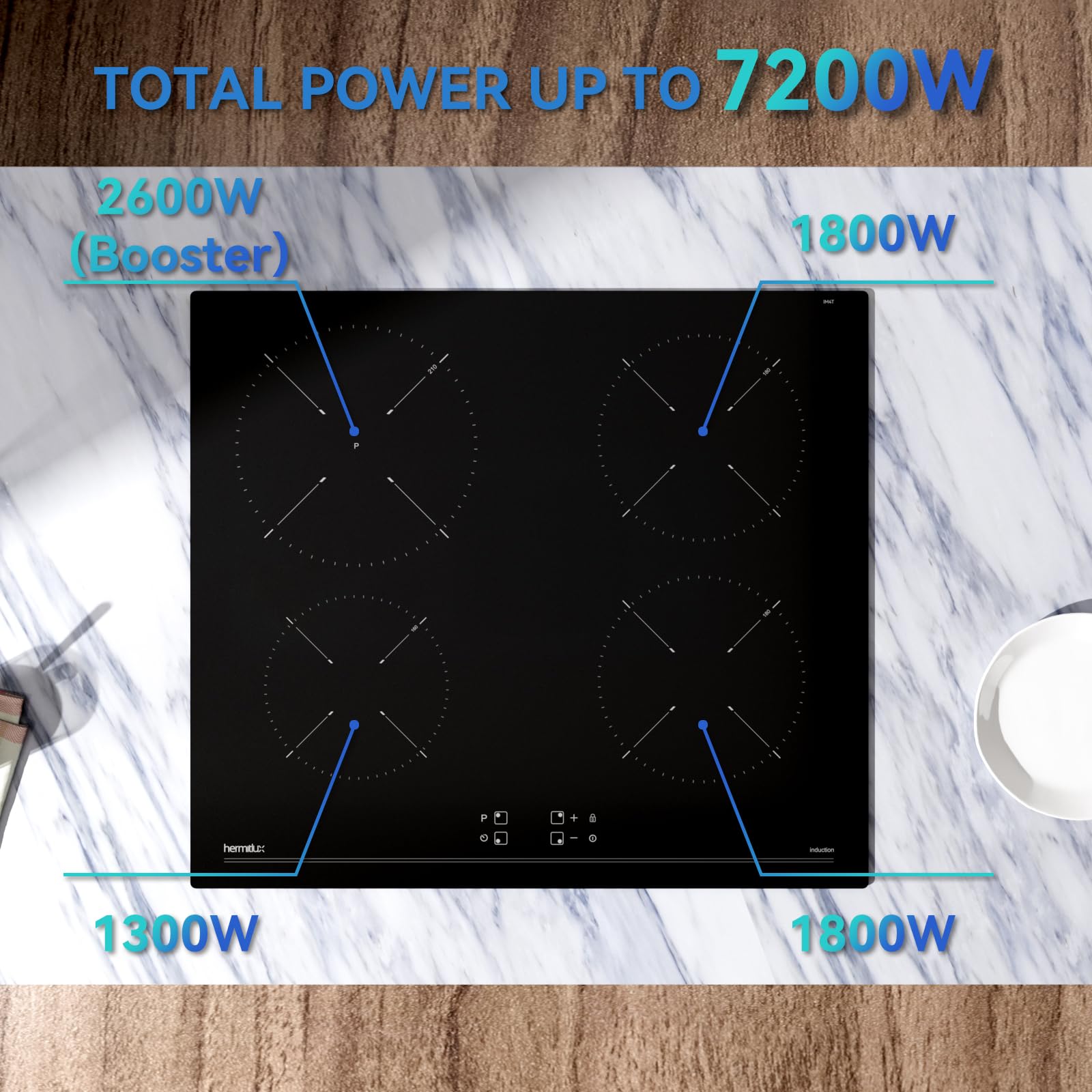 Hermitlux 4-palnikowa płyta indukcyjna do zabudowy 60 cm, 9 poziomów mocy i funkcja Boost, suwak i timer od 1 do 99 minut, 7200 W