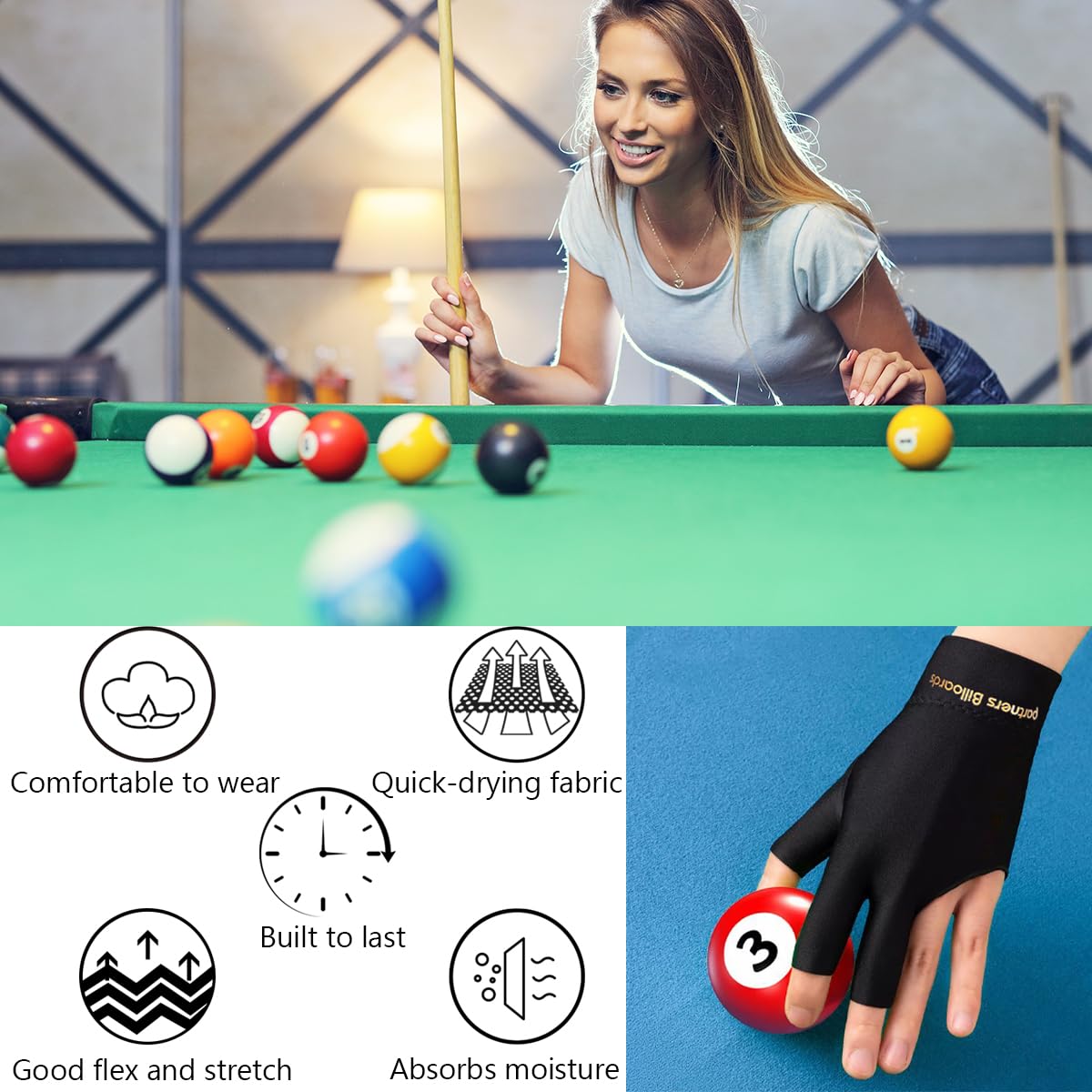 TOPDANCHUANG Tbest Gant De Billard Antidérapant à 3 Doigts Pour