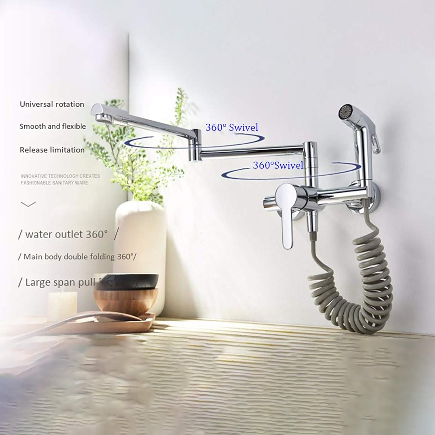 Folding Brass Kitchen Faucet Wall Mounted Kitchen Sink Faucet Cold and Hot Water Kitchen Double Joint Swing Arm Faucet with Handheld Spray,Black