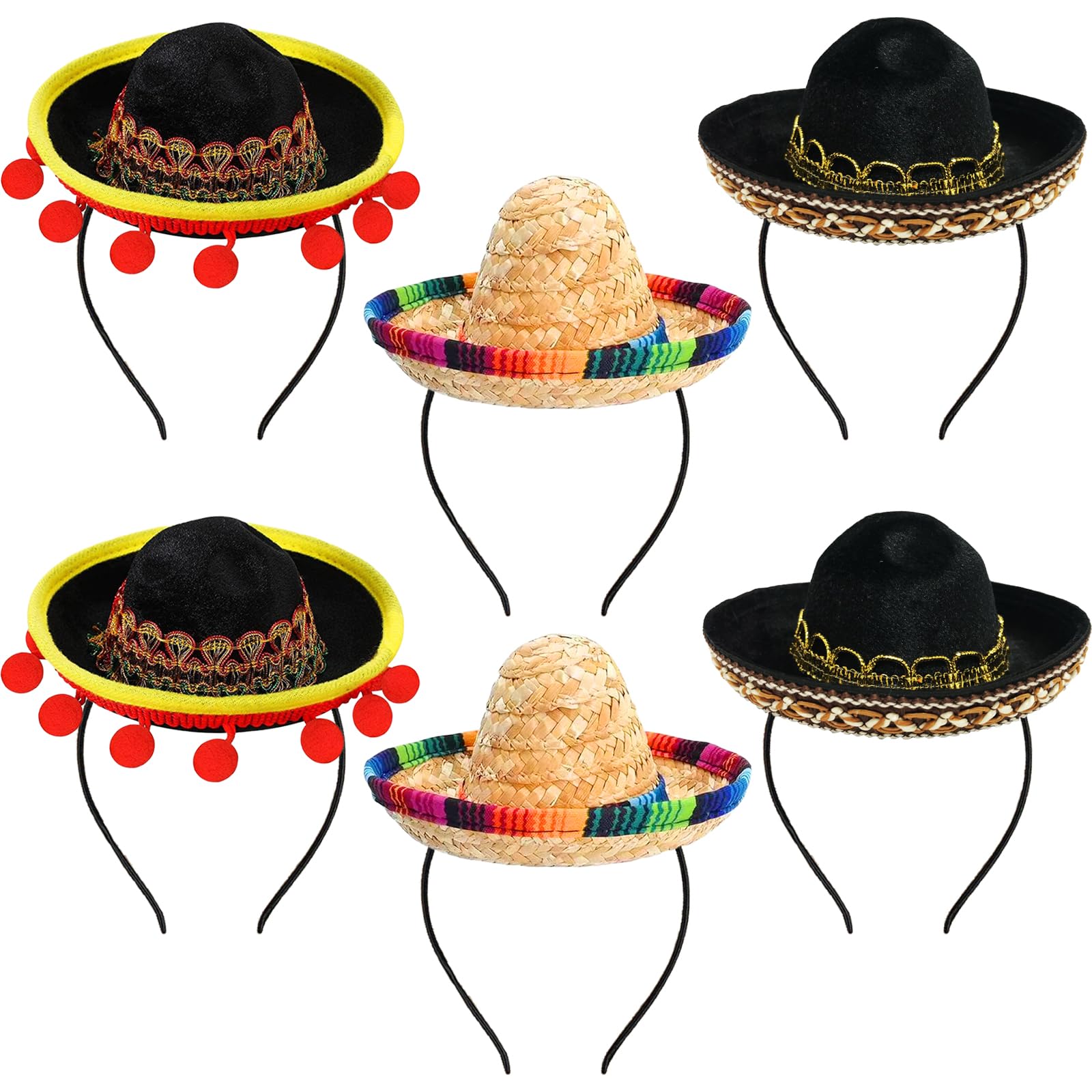 Set Di 6 Cappelli In Paglia Sombrero In Tessuto Per Feste Con Frange A Sfera, Con Fascia Per Capelli, Pet Cappello Di Paglia, A Tema Messicano Decorazioni E Bomboniere