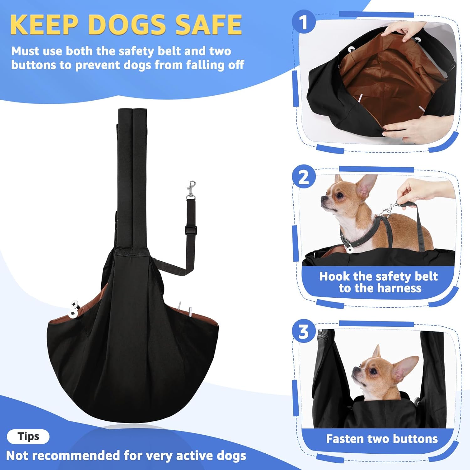 SlowTon Dog Carrier Sling - Thick Padded Shoulder Strap Adjustable Dog Carriers for Small Dogs, Puppy Carrier Purse for Pet Cat with Front Zipper Pocket Safety Belt Machine Washable Waterproof Black L