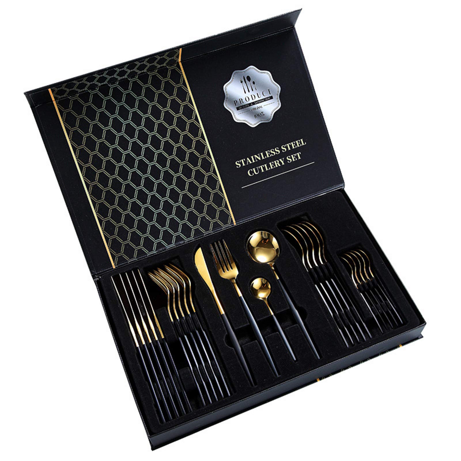 rismart Edelstahl 24 Teile Besteck Set Silberbesteck mit Messer, Kaffee Suppe Teelöffel, Gabeln Gold Schwarz