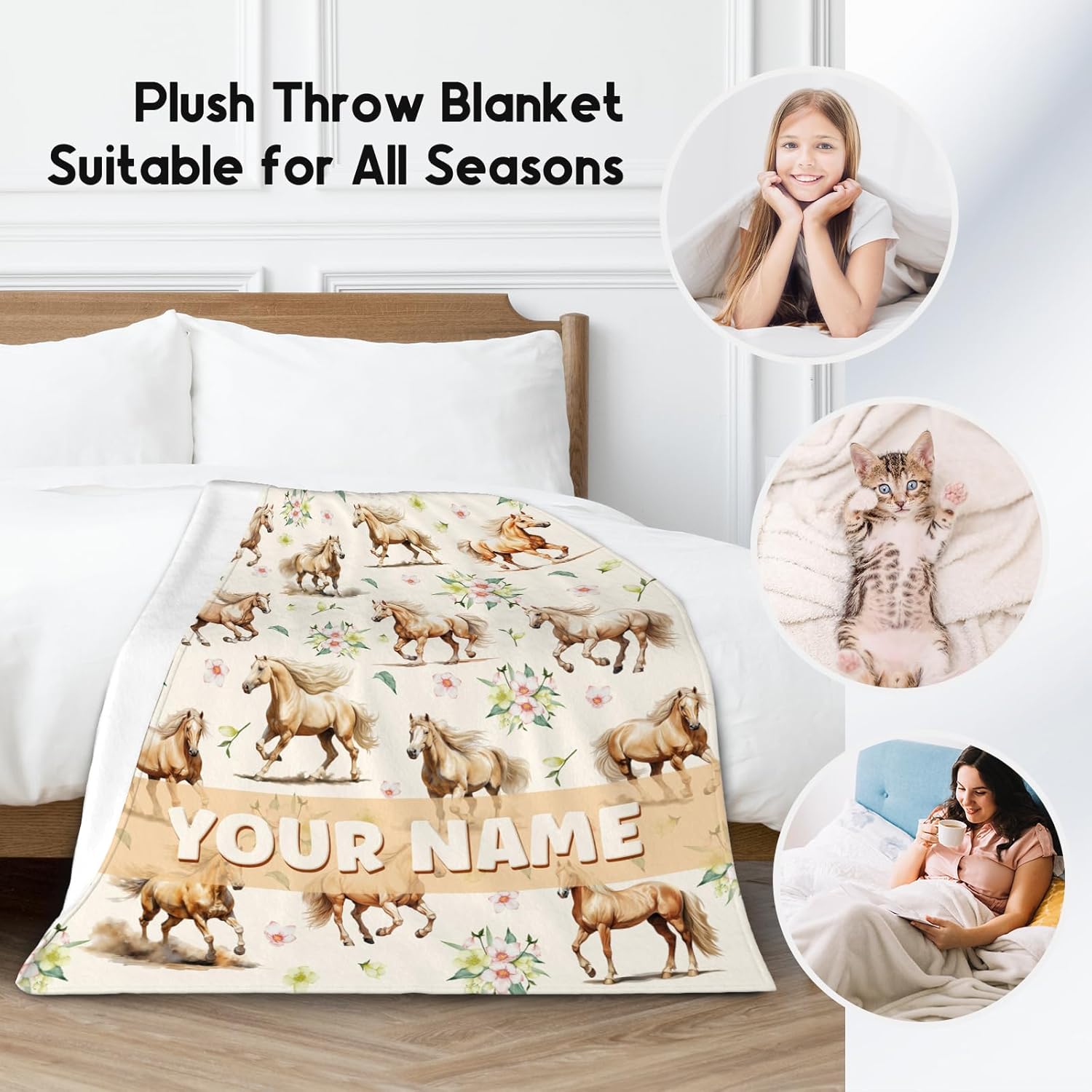 Custom Horse Throws Blanket with Name - 50x60 Inches Cute Throw Blanket for Girls - White Soft Fuzzy Blankets for Couch & Office