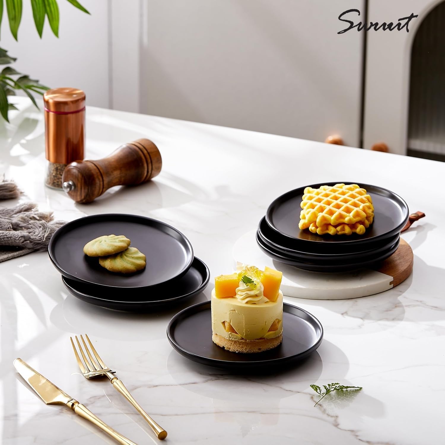 Set di 4 piatti per antipasti in ceramica opaca, 15,2 cm, piccoli, mini piatti da dessert, adatti per microonde e forno, per snack, pane, burro, torte, torte e gatti (15,2 cm, nero)