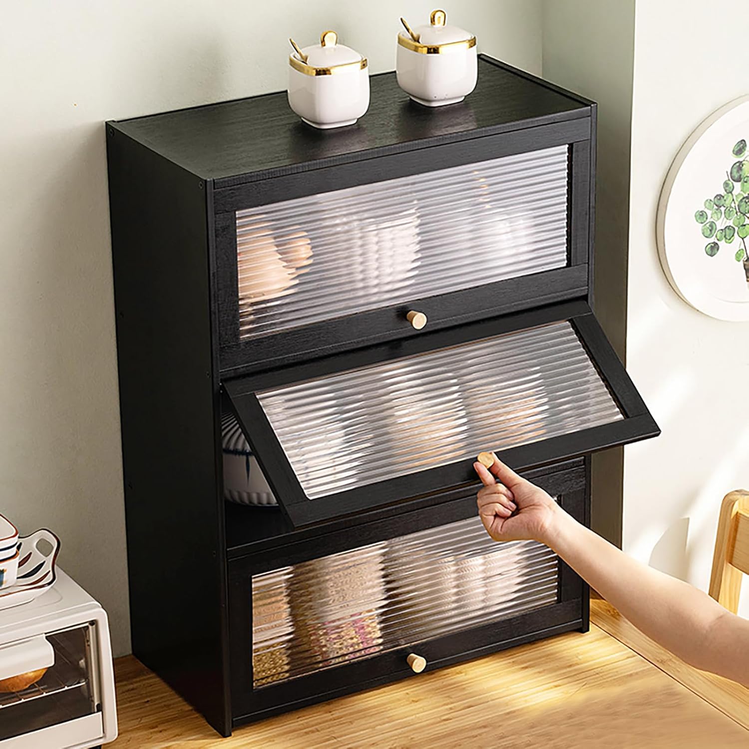 3 Tier Storage Cabinet, Countertop Bamboo Pantry with Doors Freestanding Sideboard Space-Saving Seasoning Storage Rack Multifunctional Shelves Organize Bottles Dishes Bowls for Kitchen Living Room