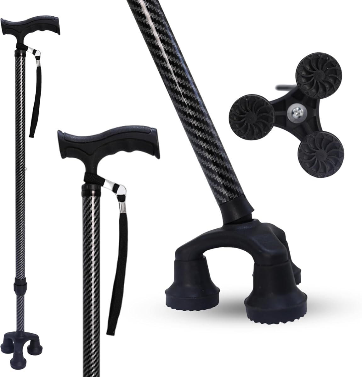 Dr. Aid Tripod & FourPod Walking Canes, Adjustable Non-Slip, Carbon Black | Adjustable Height, Non-Slip Grip, Heavy-Duty Aluminum Construction