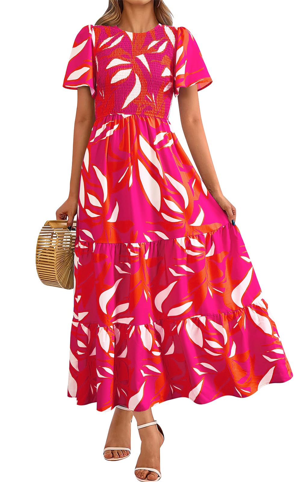PRETTYGARDEN Women's 2026 Spring Casual Flutter Short Sleeve Boho Floral Maxi Dress Crew Neck Smocked Tiered Long Dresses, Floral Rose Red, M