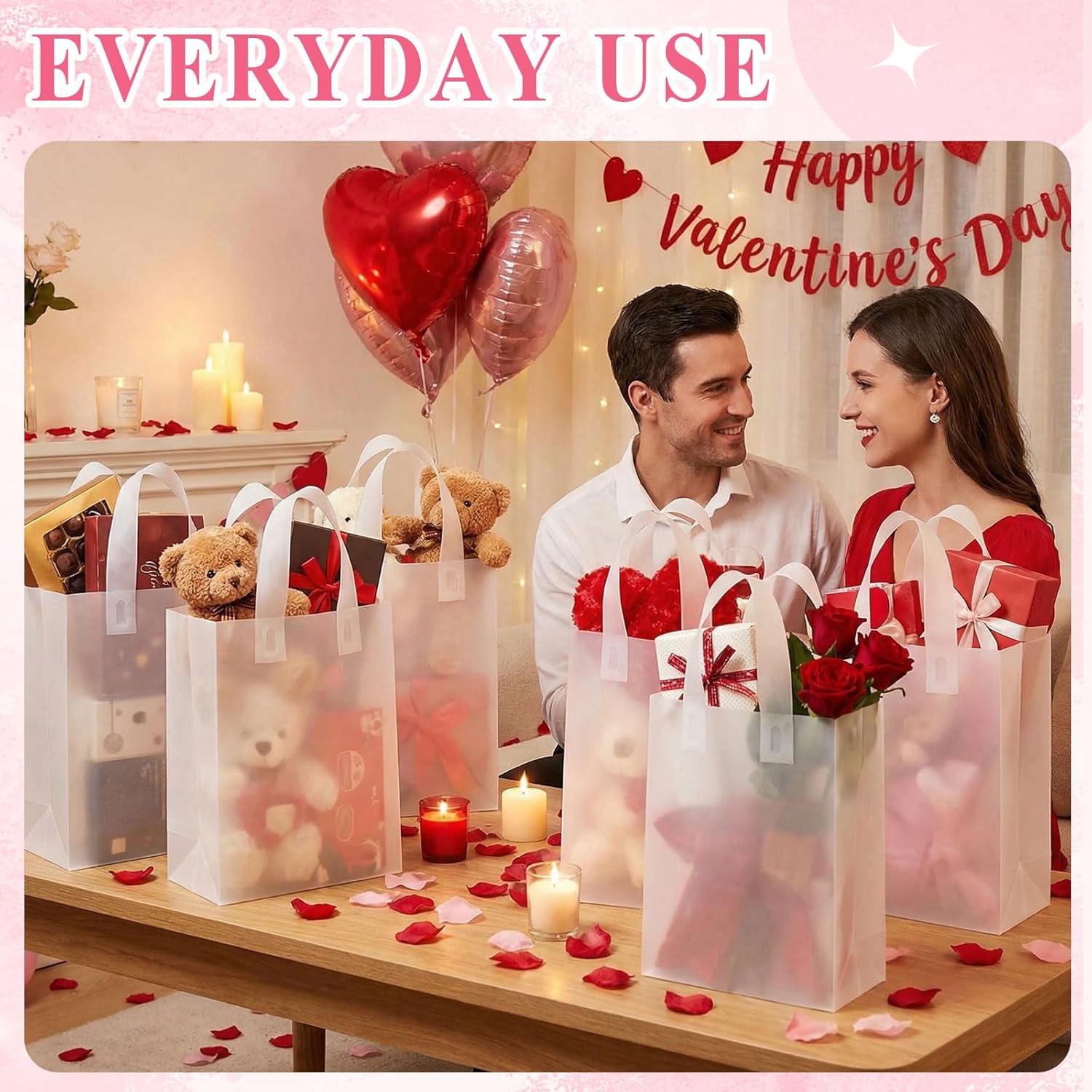Amylove 80 Pcs Clear Gift Bags Bulk with Handle Plastic Frosted Tote Bag Reusable Packaging Teacher Goody Wrap Nurse Party Supply for Shopping Small Business Boutique Store Merchandize Grocery