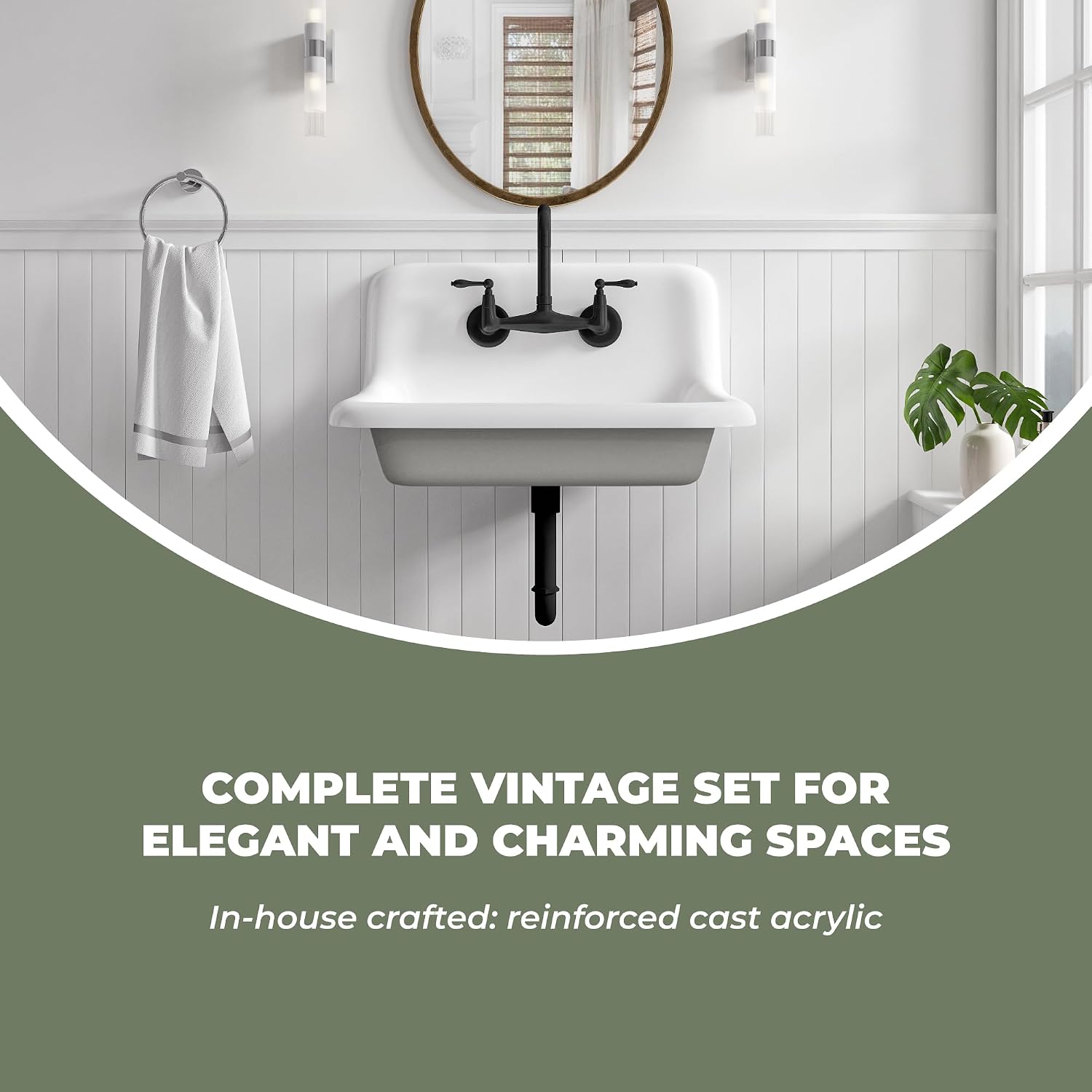 Riley & Higgs Wall Mount Farm Sink with Polished Chrome Faucet and Drain - Bathroom and Utility Sink, 18 Inch Wide x 24 Inch High x 5.5 Inch Deep (Summit Gray Exterior)