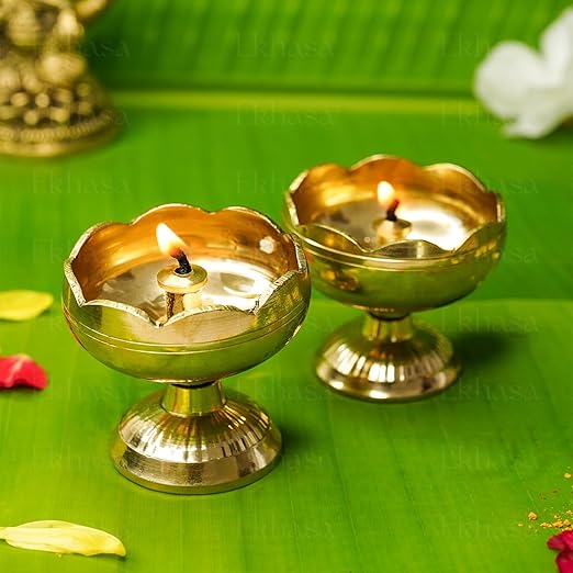 Ekhasa 100% Pure Brass Diya for Puja | Deepam Kundulu Pooja Diya | Pital Diya for Puja | Dipak Diva Deepas for Pooja | Brass Diyas for Pooja Set of 2 | Niranjan Diya Deepak for Diwali & Return Gifts