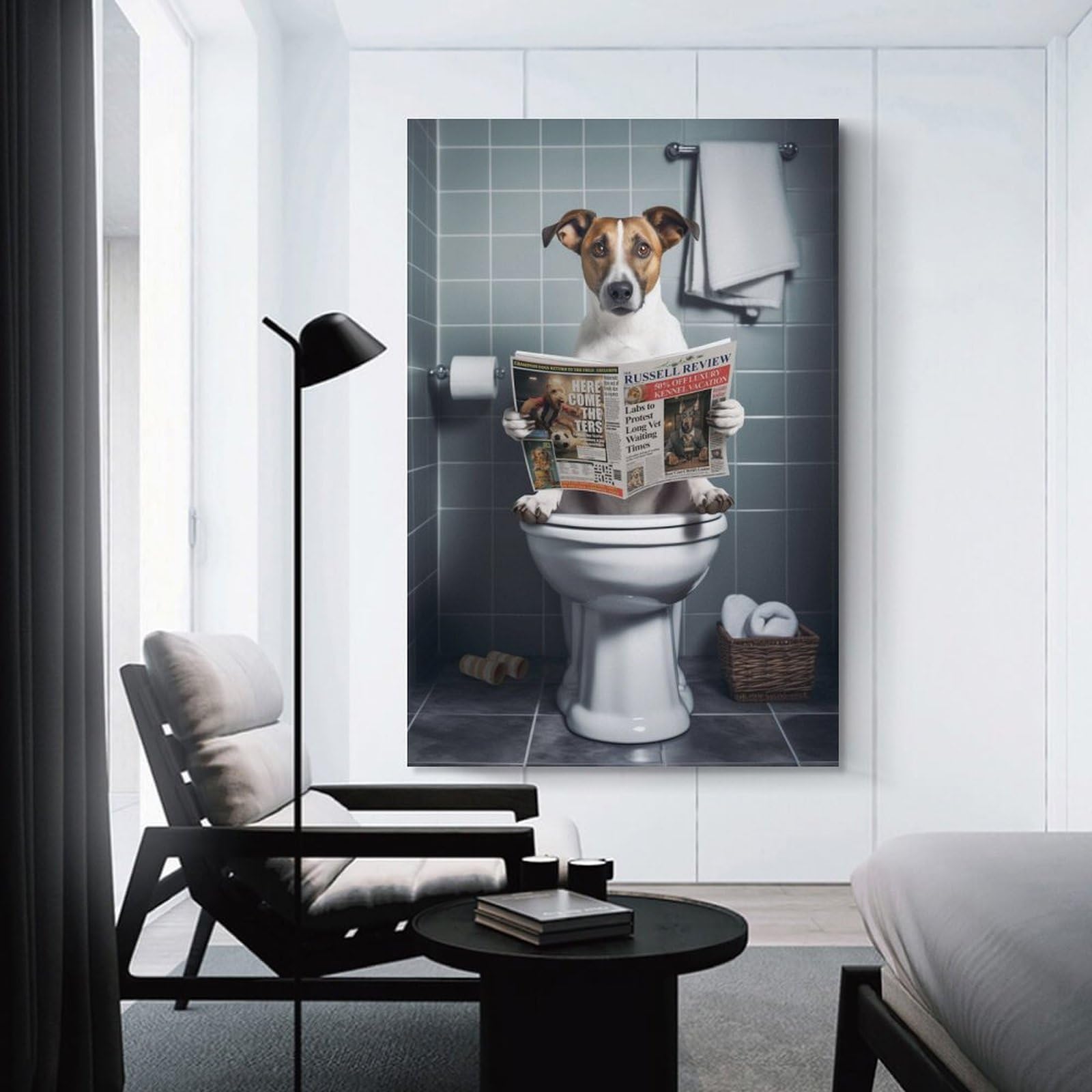 Junmoney Canvas Wall Art Dog Reading Newspaper on Toilet-1, 20x30inch(50x75cm), for New Homes, Bedrooms Or Workspaces, Canvas Artwork with Gifting Potential