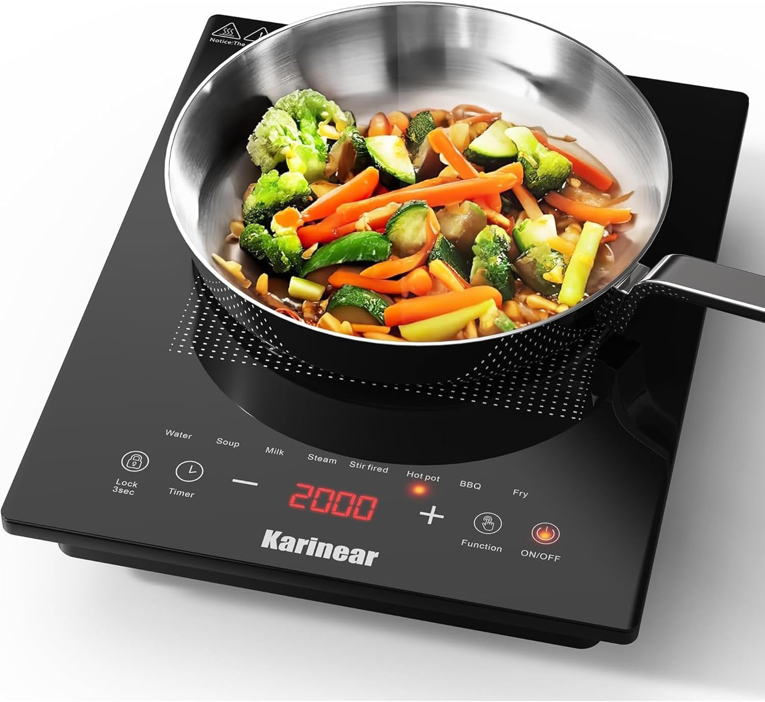 Karinear Placa de Inducción 1 Fuego con Enchufe, Inducción Portátil, Temporizado, Bloqueo de Seguridad, Apto Para Uso en Exteriores, Tamaño de 30 cm, Fácil de Transportar, 2000 W, 220-240 V