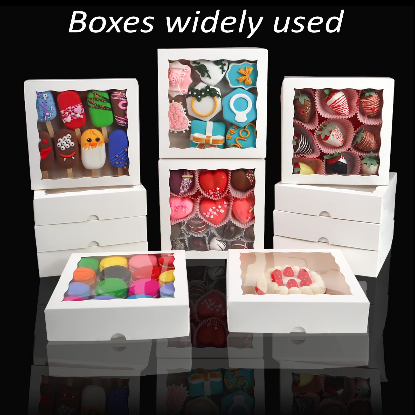 RomanticBaking 30 cajas de panadería de 8 x 8 x 2 pulgadas con ventana, cajas de galletas cubiertas de chocolate, cajas de fresas para tartas