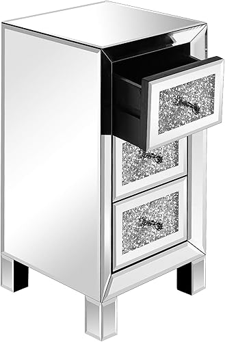 VINGLI Mesita de noche con espejo de 3 cajones, mesa auxiliar de cristal, totalmente montada, color plateado