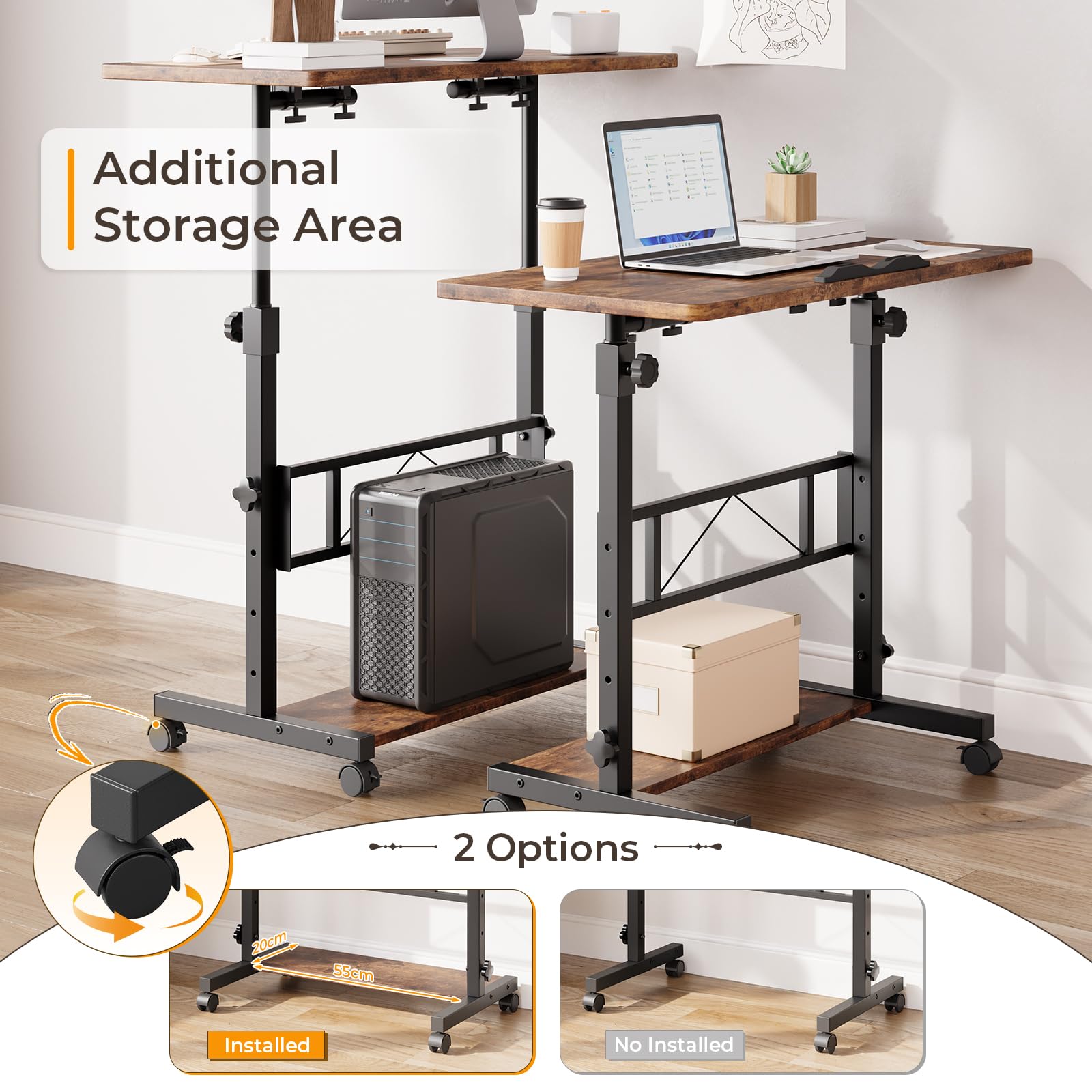 Dripex 80x40cm Stehpult, Schreibtisch höhenverstellbar 65-98cm, Mobiler Computertisch mit Rollen und mit neigbar Tischplatte, Überbett-Tisch, Steh-Sitztisch für Zuhause und Büro, Vintage Braun