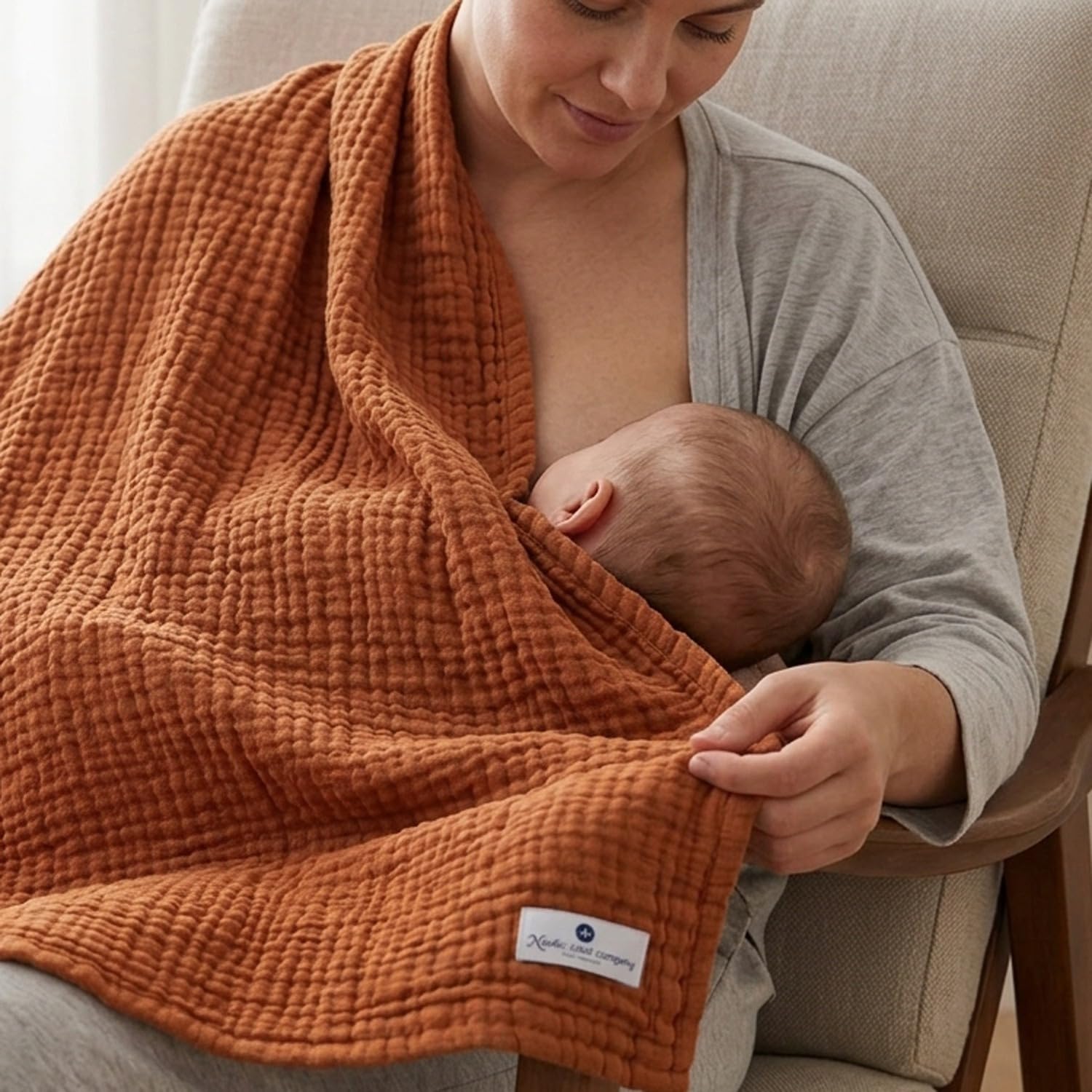nordic coast company Musselin Decke Baby [75 x 85 cm] – Musselindecke | Krabbeldecke Neugeborene – 100% Baumwolle, 4-lagig, Spucktuch, Stilltuch – Baby Erstausstattung Neugeborene (Zimt Braun)