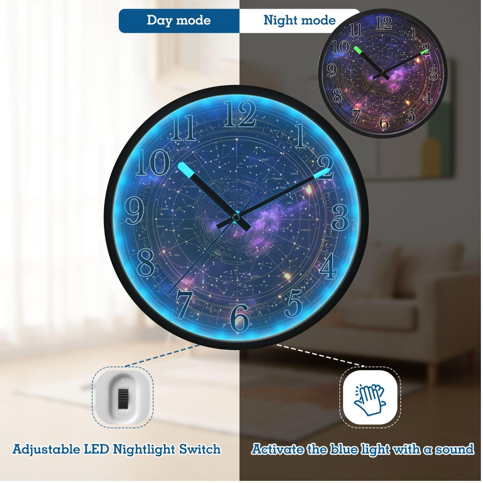 Mnsruu Reloj de pared con diseño de galaxia misteriosa, luminoso, funciona con pilas, silencioso, brilla en la oscuridad, para sala de estar, cocina, 12 pulgadas