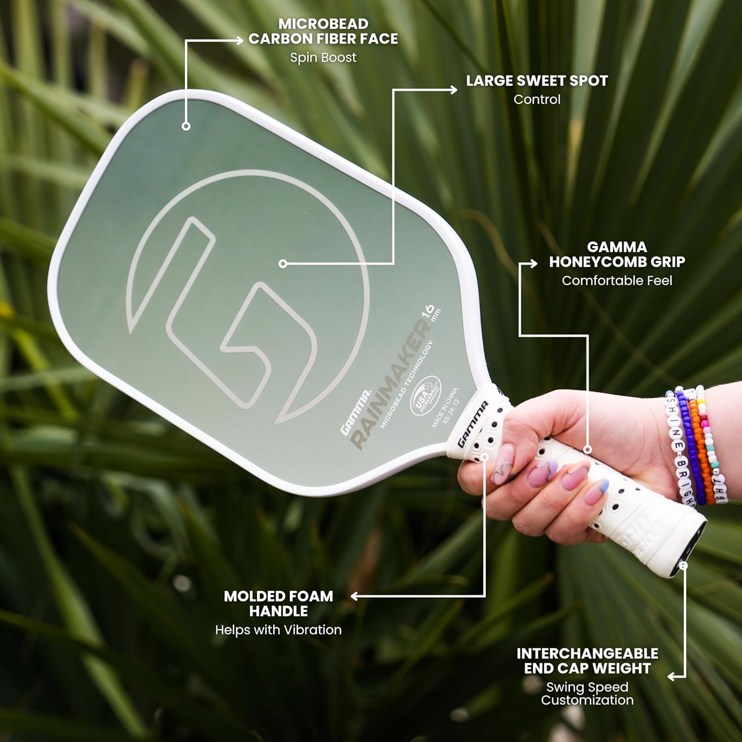 GAMMA Rainmaker Pickleball Paddle – Lightweight, Large Sweet Spot, Microbead Carbon Fiber Face for Increased Spin & Control, Customizable Swing Weight, 16mm & Available in 6 Colors
