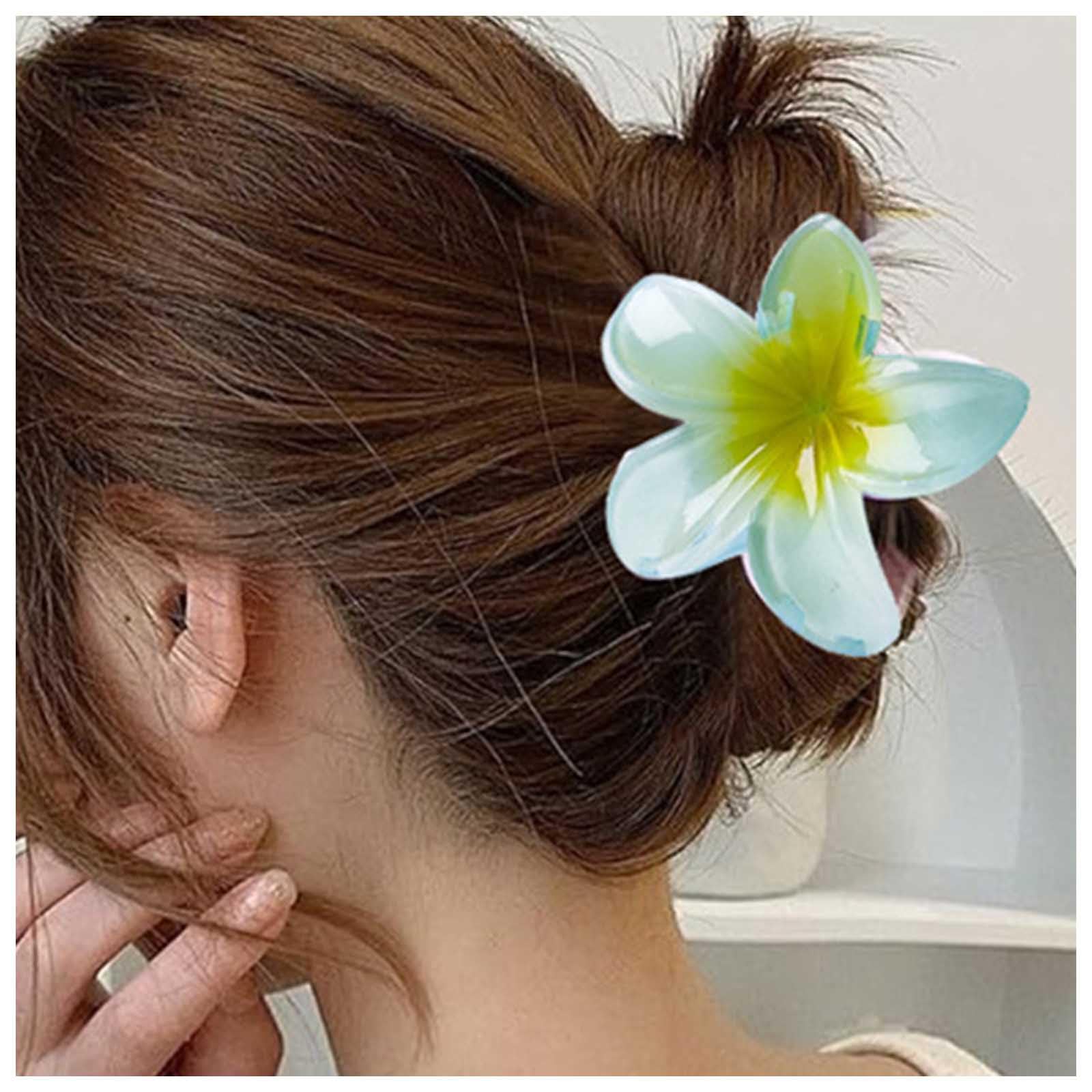 Enautoabs Large Flower Hair Claw Hairclip Hawaiian Plumeria Hairclip Claw Summer Beach Tropical Hair Barrette Cute Acrylic Flower Claw Clip Jaw Clamp Decorative Hair Accessories(Blue&Green)