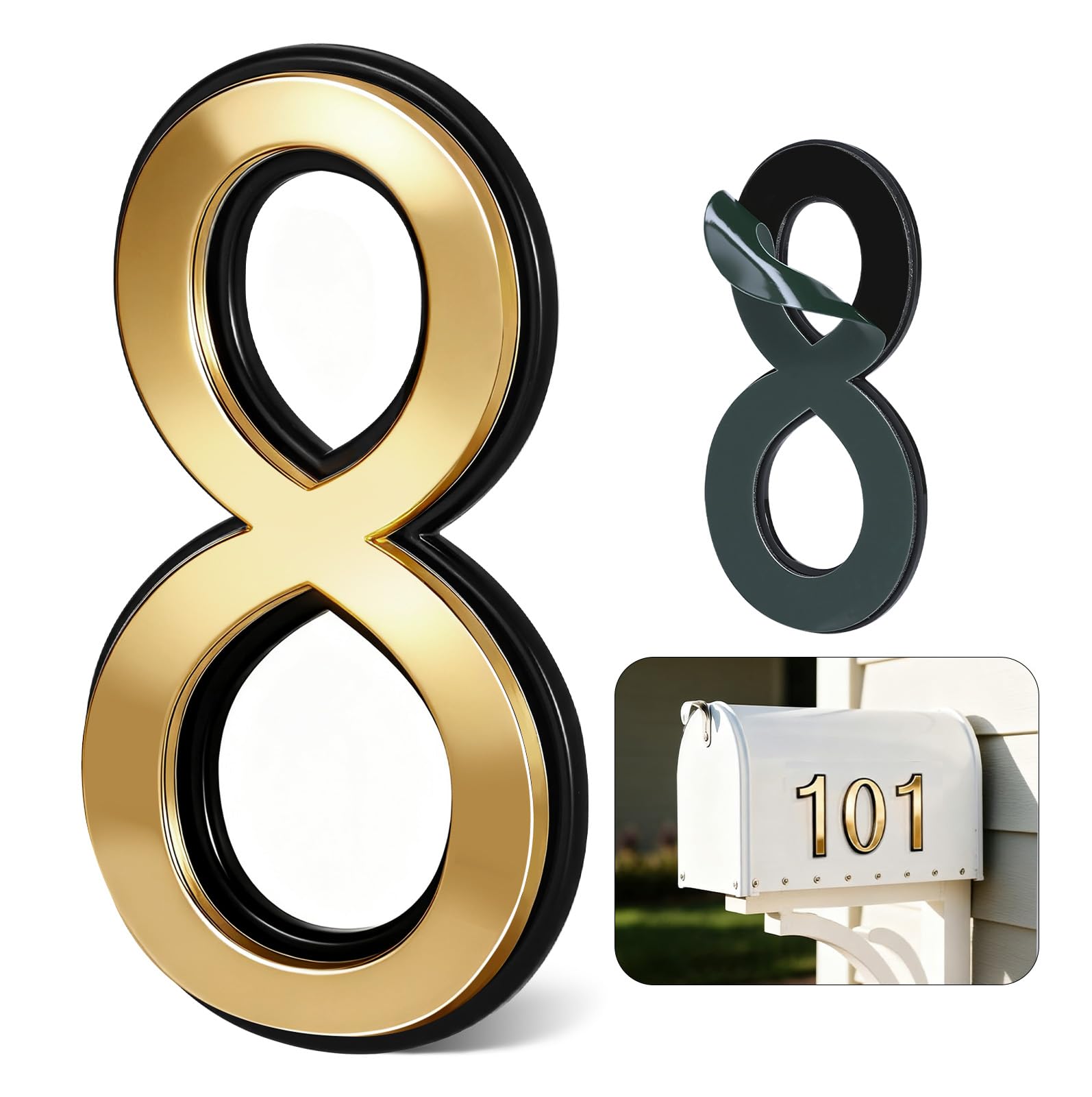 4 Inch Gold House Numbers for Outside, VONDERSO Self-Adhesive Mailbox Numbers with Exclusive Electroplated Finish and Durable ABS Base, for House Plaques, Mailbox, Yard, Garage – Plaque Number ‘8’