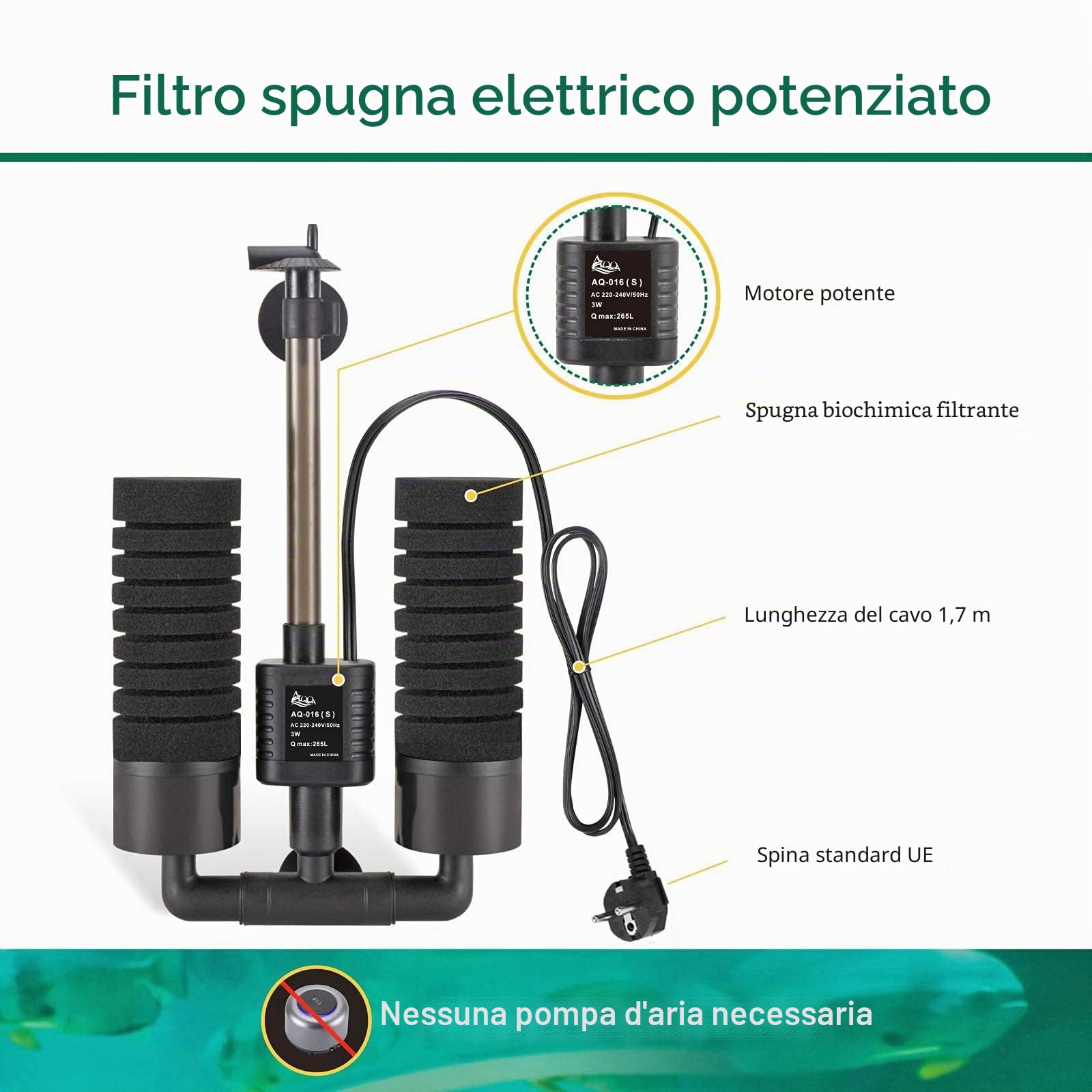 AQQA Filtro a doppia spugna per acquario, 3W/5W Filtro elettrico silenzioso in schiuma