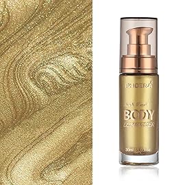 Body Shimmer Oil, Metallic Gold Natural Glow Luminizer, Long Lasting Waterproof Moisturizing Liquid Illuminator Highlighter Makeup for a Sun-Kissed Glow, Brush Include, 1oz, Light