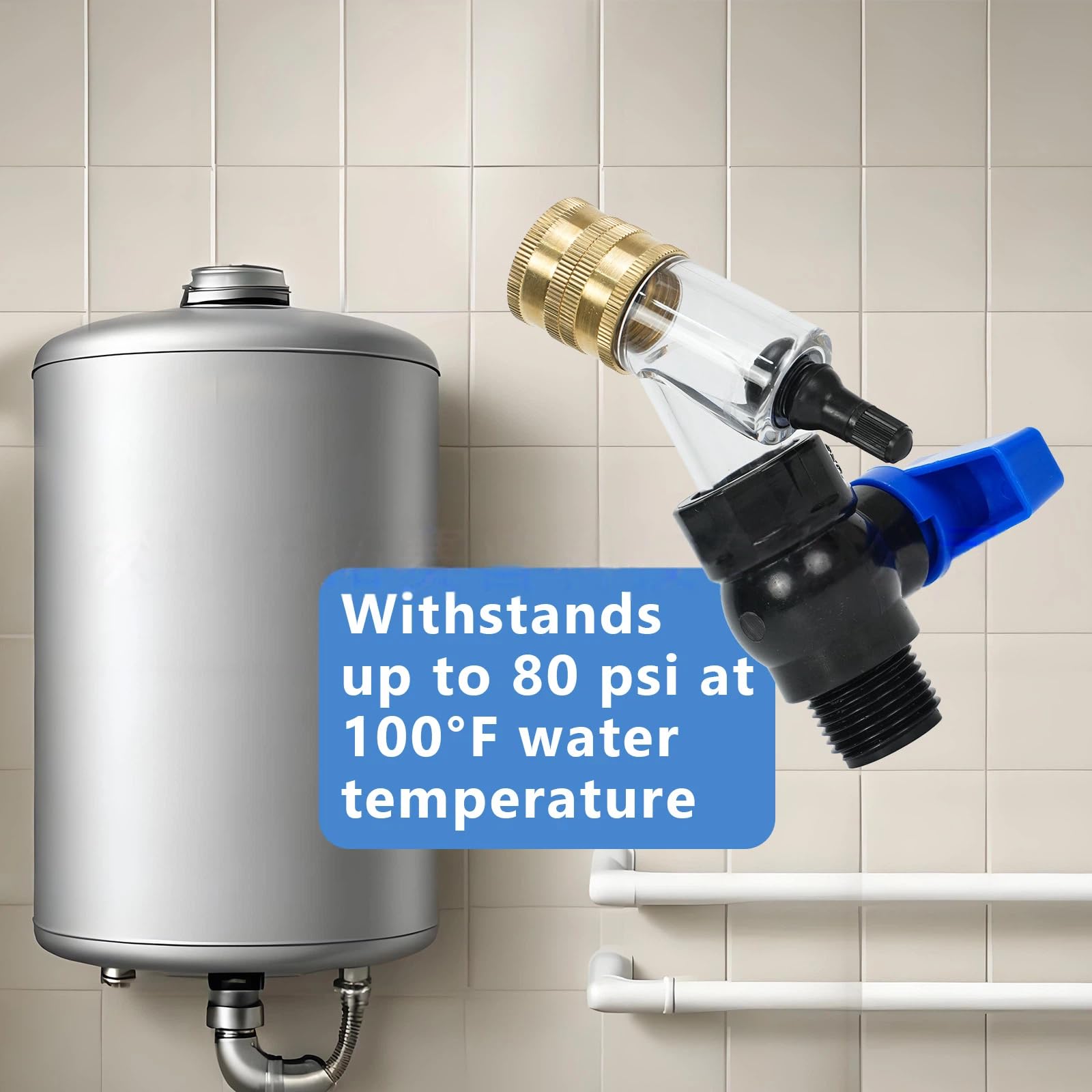 Water Heater Cleaner Flush Valve with Brass Connector and Clear Filter Chamber, Blue Handle, Sediment Drain Tool for Electric and Gas Water Heaters — view 3