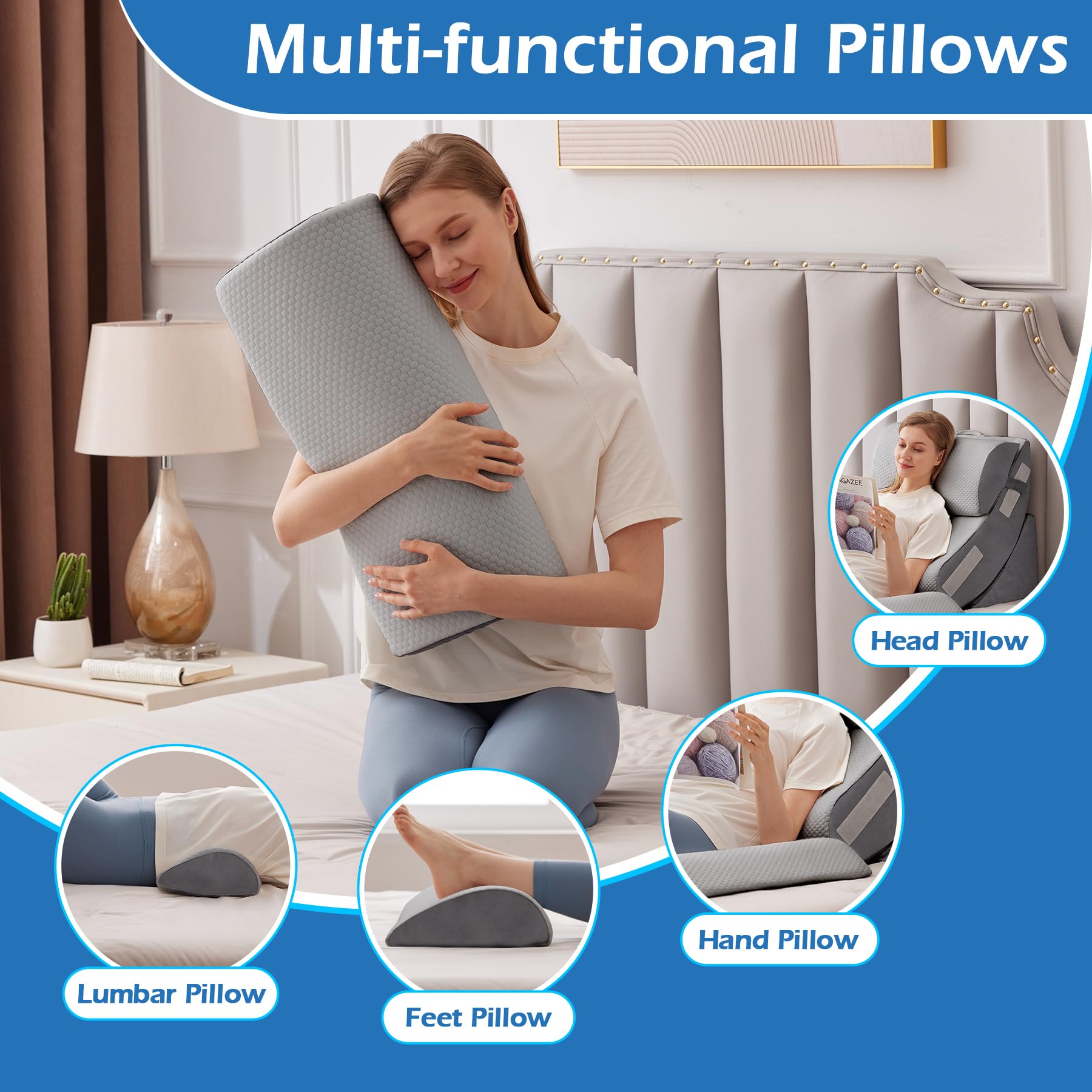 Ahpmeoa Juego de 6 almohadas ortopédicas de cuña para dormir, almohada de espuma viscoelástica ajustable para aliviar el dolor de espalda, almohada de cuña para dormir para reflujo ácido, ERGE y