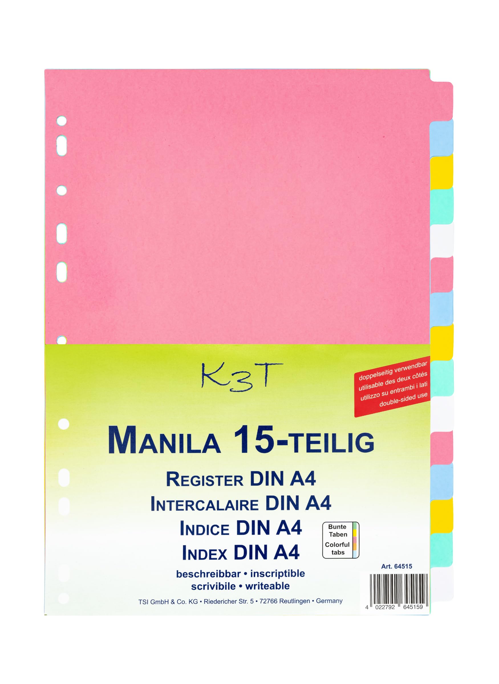 K3T 64515 Index Dividers, Binder Dividers, File Divider, 15 Pieces Made of Sturdy Manila Cardboard with Colourful Tabs