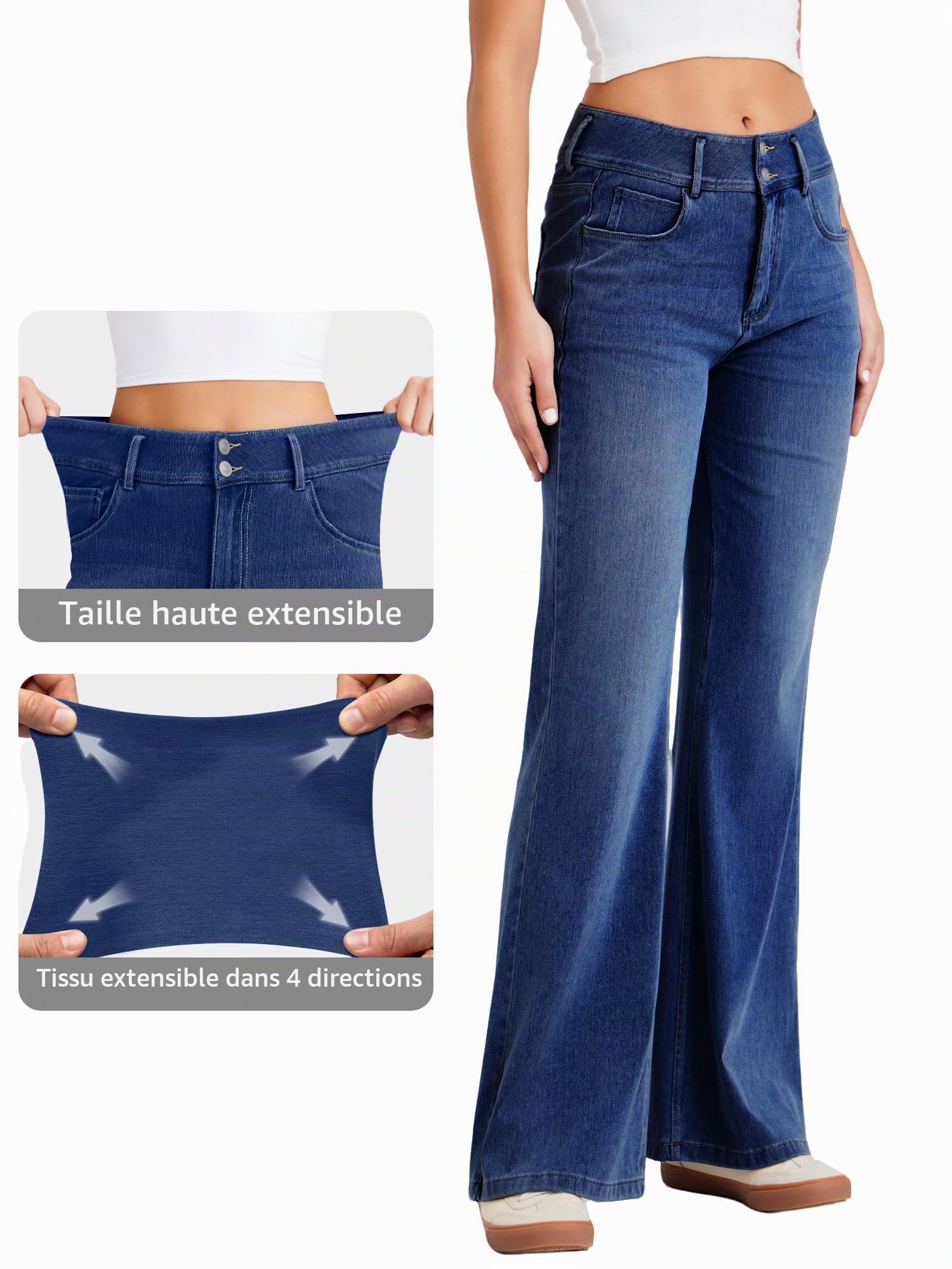 LaiEr Jeans à Jambe Large pour Femmes,avec Design de Devant à Boutons Doubles et Fermeture éclair,Coupe Ample,Pantalon en Denim à Haute élasticité adapté