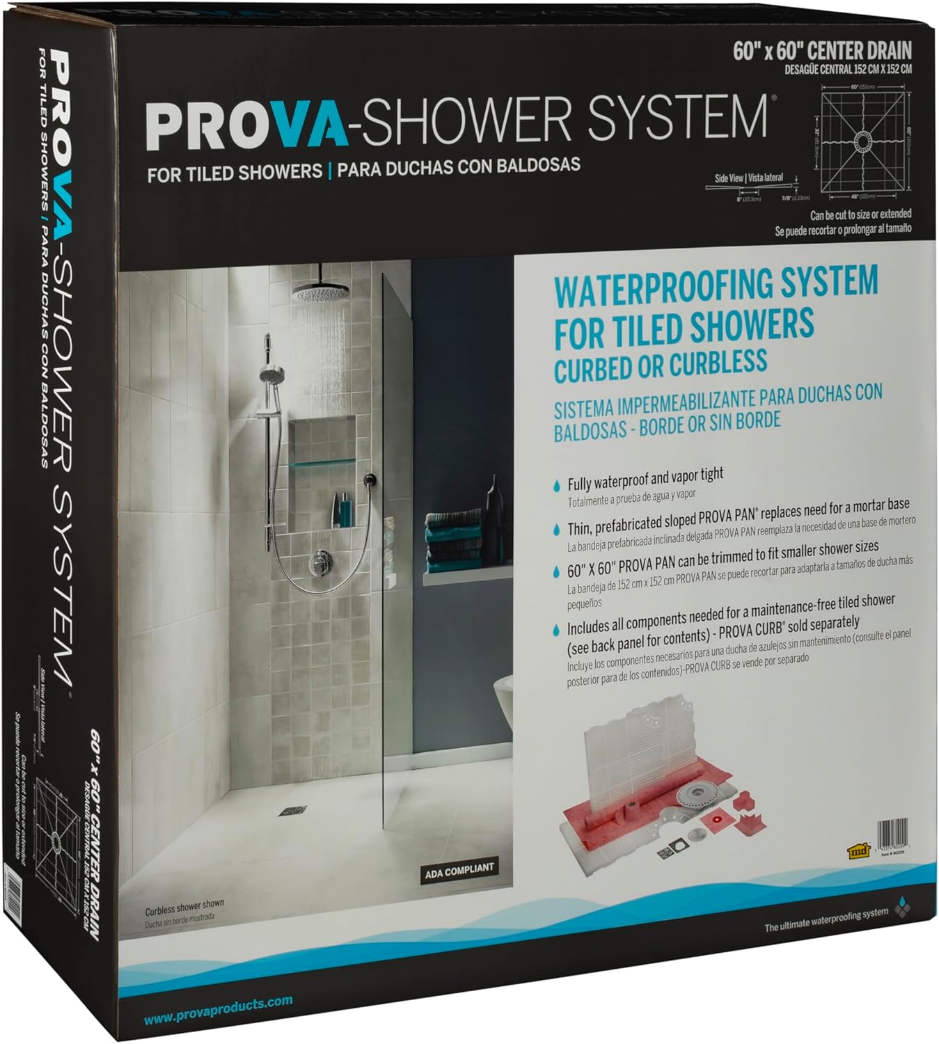 M-D Building Products PROVA-SHOWER KIT 60″ × 60″ (Center Drain), Lightweight Expanded Polystyrene Foam Shower Pan & Base, Complete Waterproof Tile Shower Floor Pan Kit with Drain, Curb & Membrane