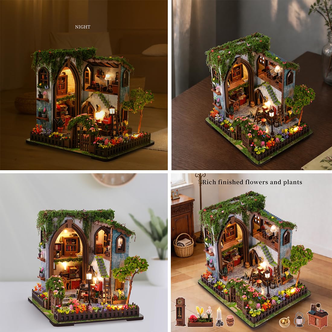 Puppenhaus DIY Miniatur Holzhaus mit LED-Beleuchtung, Holz 3D Puzzle Bücherregal，Kreatives Bastelset Kreative Dekofigur (mit Staubschutzkappe)