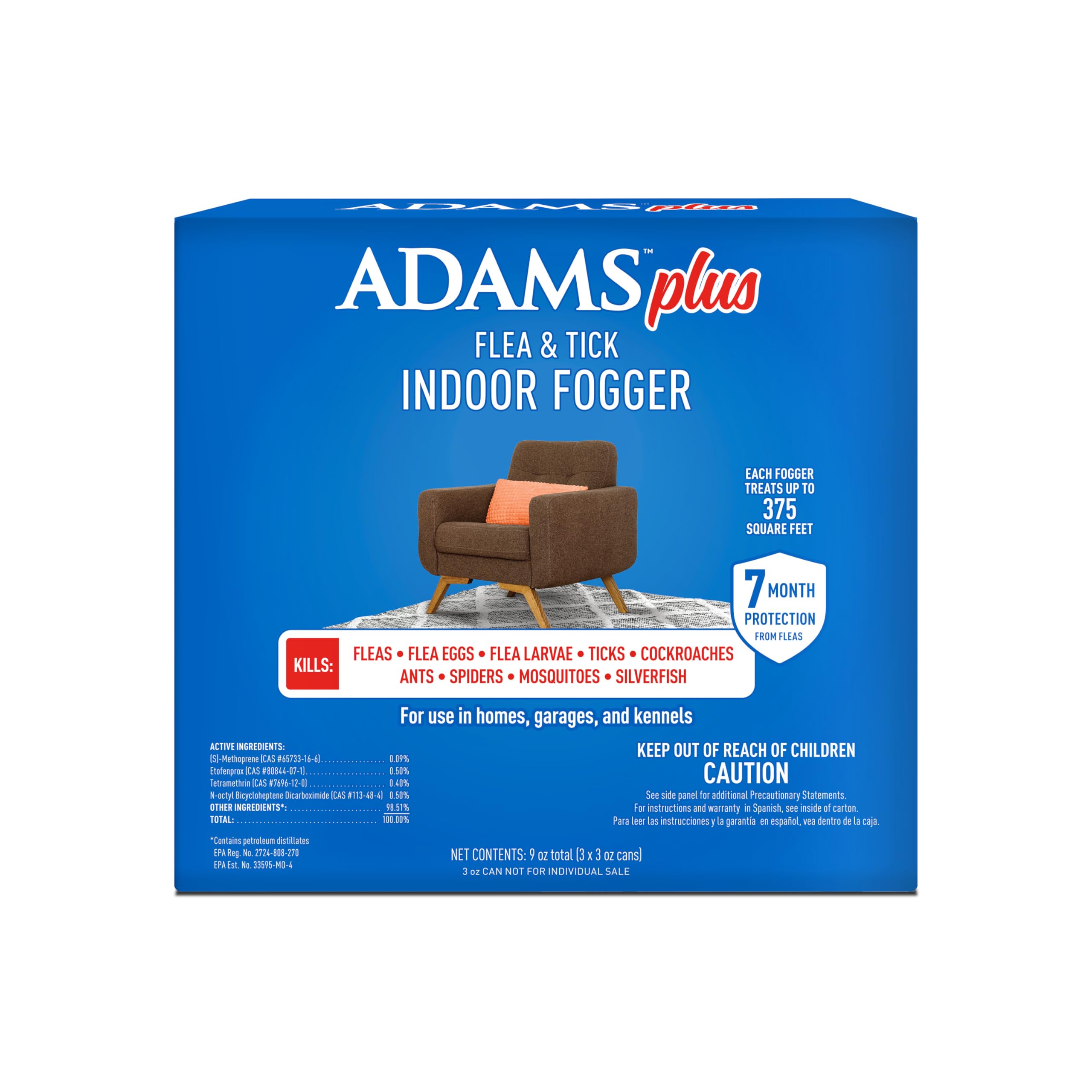 AdamsPlus Flea & Tick Indoor Fogger, 3 x 3 oz Cans, Kills Fleas, Flea Eggs, Ants, Flies, Wasps, Cockroaches, Mosquitoes, and Many Other Listed Pests, Each Fogger Treats Up To 3000 Cu Ft, 9 Oz