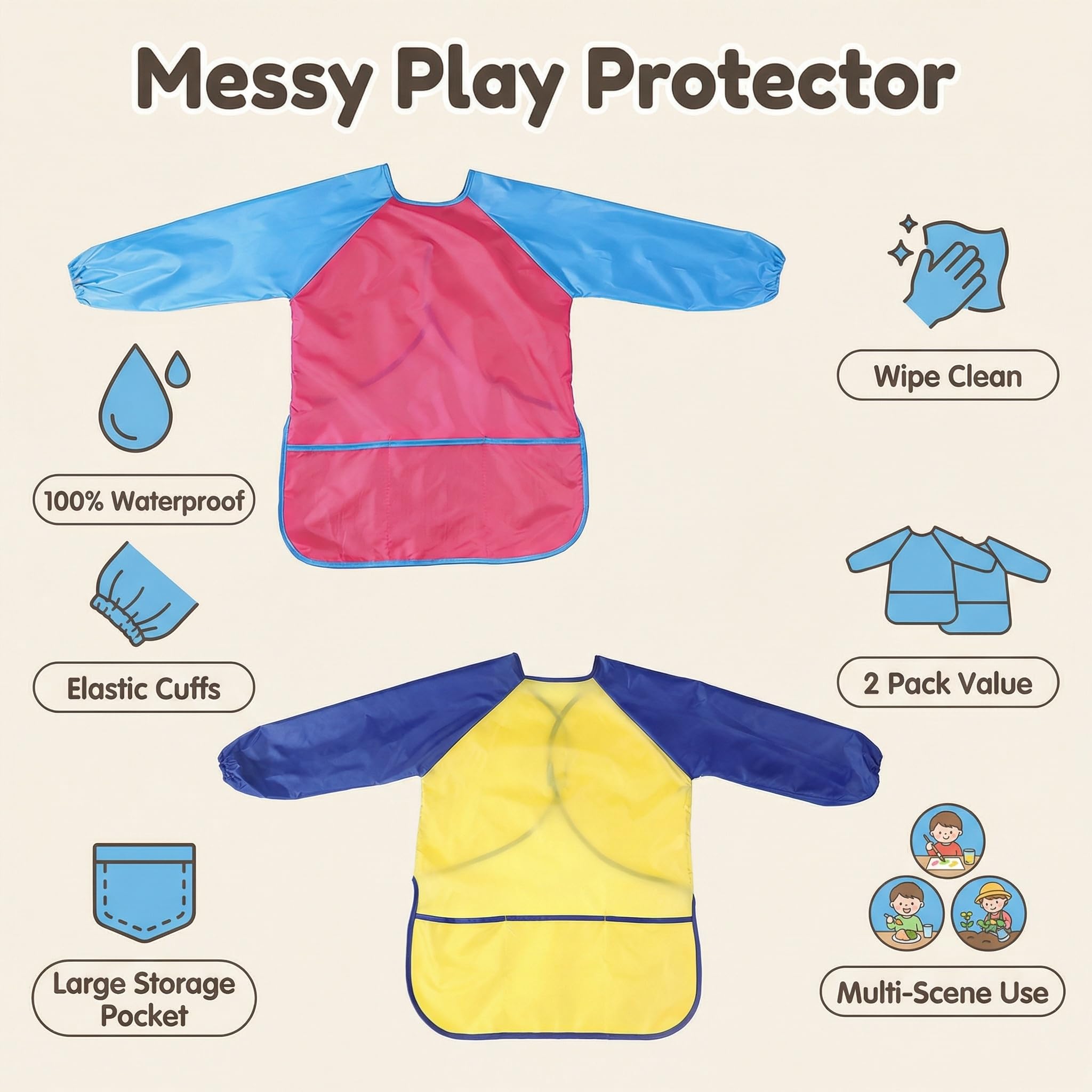 Set de 2 Delantales Infantiles Impermeables para Pintura - Talla Única para Niños y Niñas de 2 a 8 Años - Incluye Delantal Azul y Rojo con 3 Bolsillos para Artes, Manualidades, Cocina y Juegos — view 2