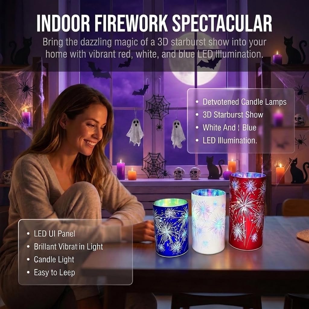 Halloween Firework Lights, Set of 3 Etched Starburst Candle Holders | LED Centerpiece, Vintage Gothic Mantle Decor, Spooky Mood Lighting for Halloween Fall Christmas, Flameless Battery Operate