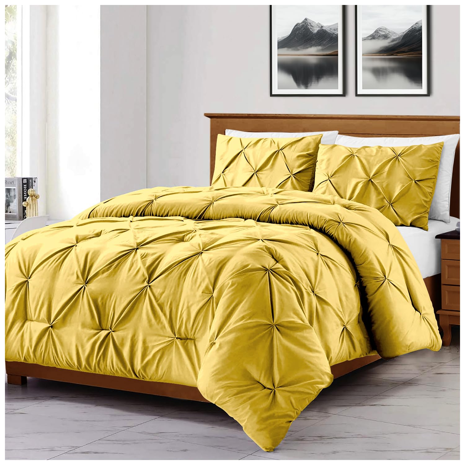 GC GAVENO CAVAILIA Diamond Superking Size Duvet Cover Sets | Pleated Quilt Covers Bedset With Matching Pillowcases | Polycotton Pintuck Bed Linen Set | Ochre