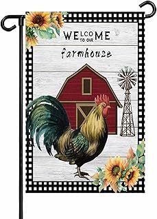 Welcome To Our Farmhouse Garden Flag for Outside, Barn Chicken Sunflower Wood Grain 12x18 Inch Double Sided, Weatherproof Yard Flag for Outdoor Patio Lawn Decor