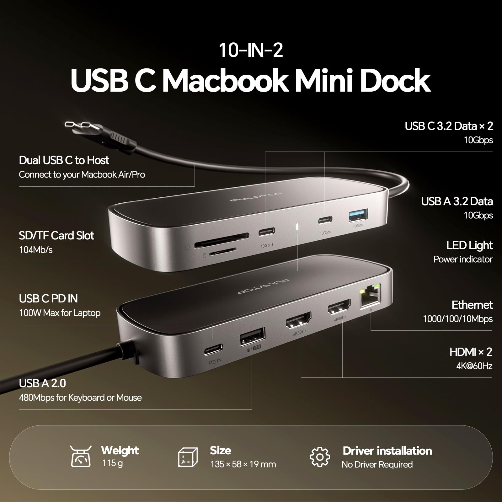 MacBook Docking Station Doppio Monitor 4K@60Hz per MacBook Pro/Air M5/M4/M3 Pro e Max, Docking Station per 2 monitor con 2 porte HDMI, PD, Ethernet, USB A/C 10 Gbit/s, SD/TF, USB 2.0