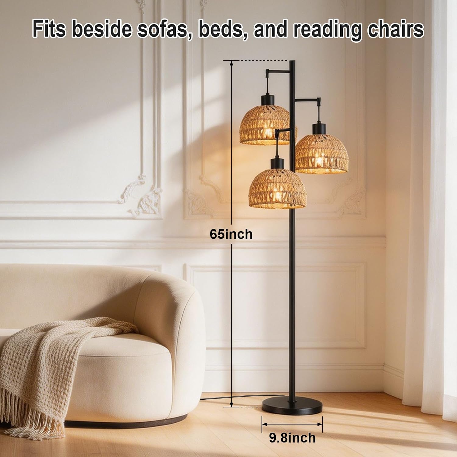 3-Light Rattan Floor Lamp, Farmhouse Standing Lamp with Woven Shades image 2
