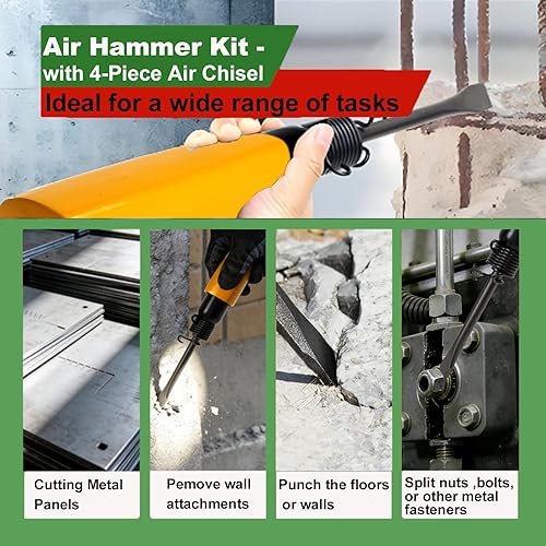 Miniatura 8 de Kit de martillo neumático, con cincel de aire de 5 piezas, herramienta de martillos neumáticos con reducción de vibración para trabajos metálicos,