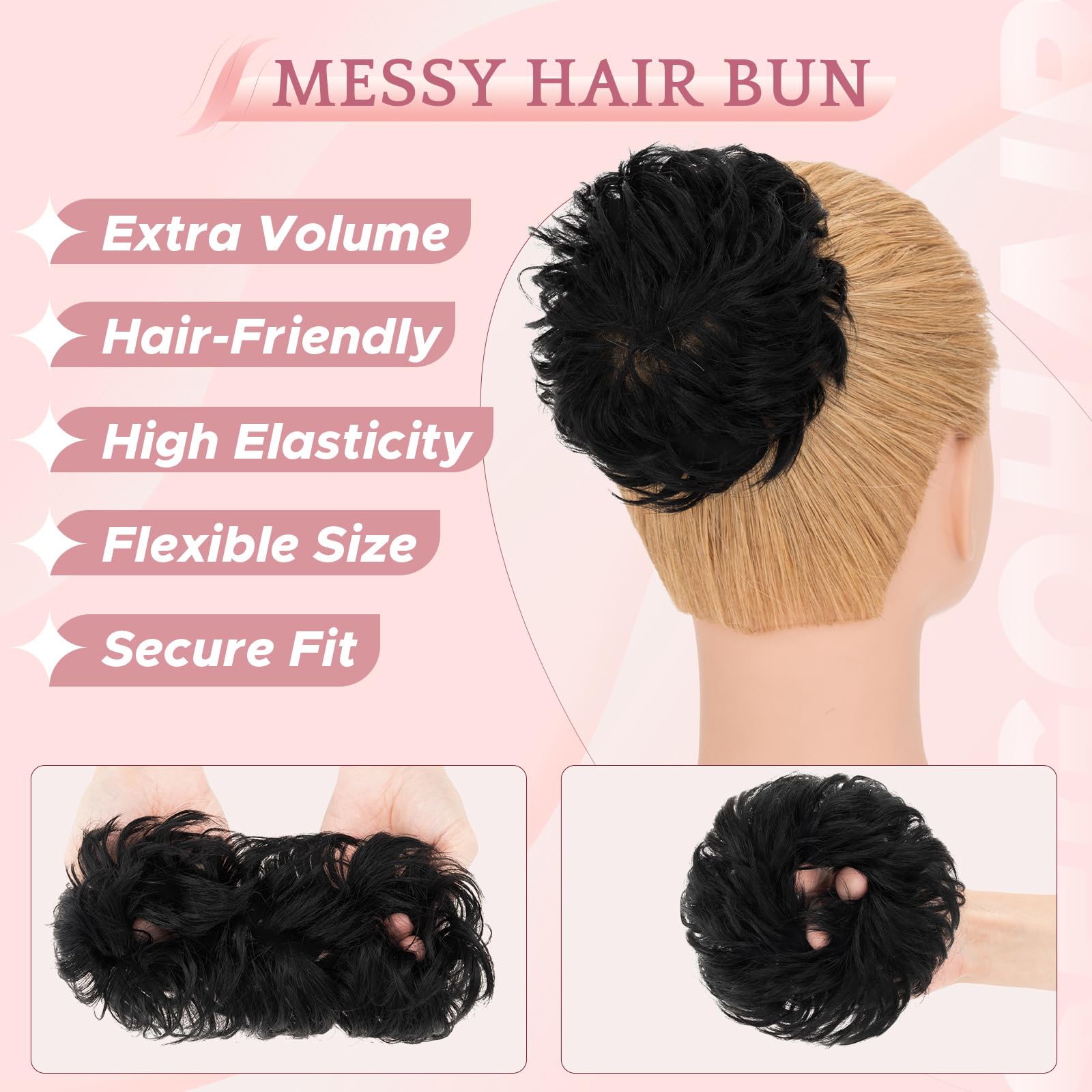 SEGO Pro Messy Hair Bun Scrunchies Real Human Hair Piece for Women 30g, 1# Jet Black, 1 Count - Image 4