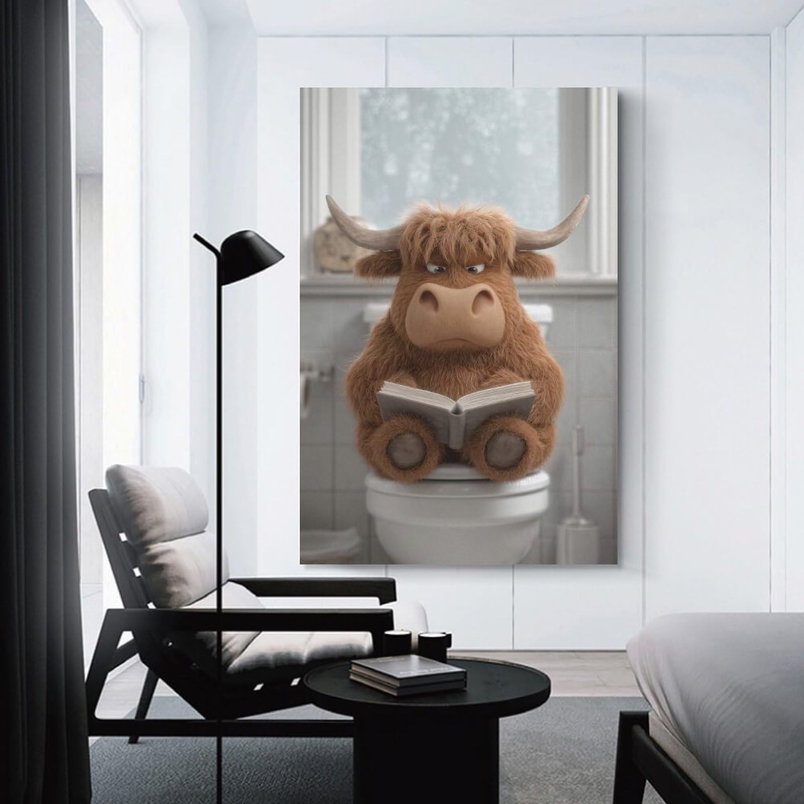 Junmoney Unframe-Style-17-1 Wall Picture Print Cartoon Highland Cow Reading On Toilet, 12X18inch(30X45cm), For Hallway, Bedroom Or Modern Interiors, Thoughtful Wall Decor For Art Lovers