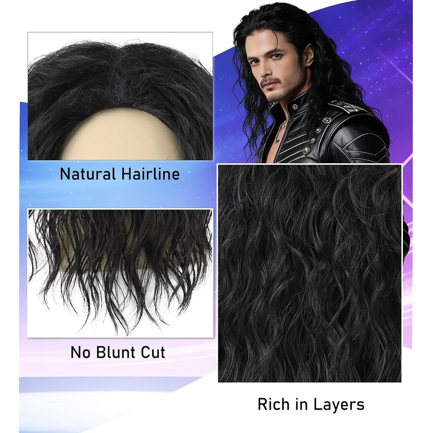 Mens Black Curly Wig for Costume 70s 80s Mullet Rocker Synthetic Long Wavy Wigs for Retro Halloween Cosplay Party Use