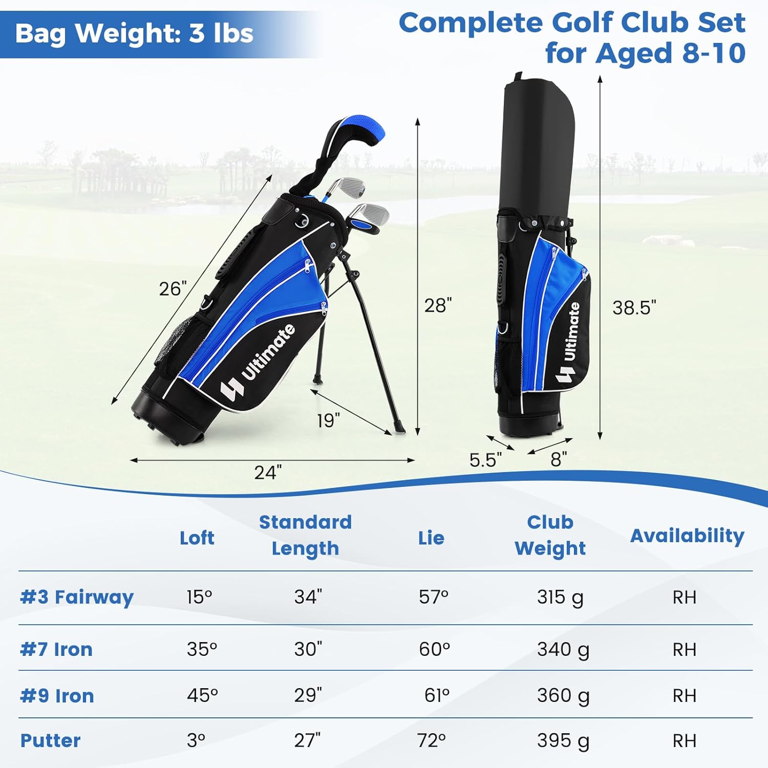 GYMAX Kids Golf Clubs, Junior Golf Set for Right Hand Includes #3 Fairway Wood & #7 & #9 Irons, Putter & Golf Stand Bag, Portable Youth Children Club
