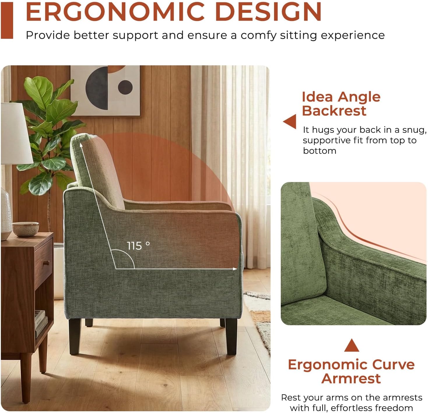 TLSUNNY Mid-Century Accent Chair, Modern Upholstered Chenille Armchair & Padded Reading Chair, Removable Cover & Wood Legs Living Room Chair, Single Sofa for Bedroom/Office/Apartment (1, Green)