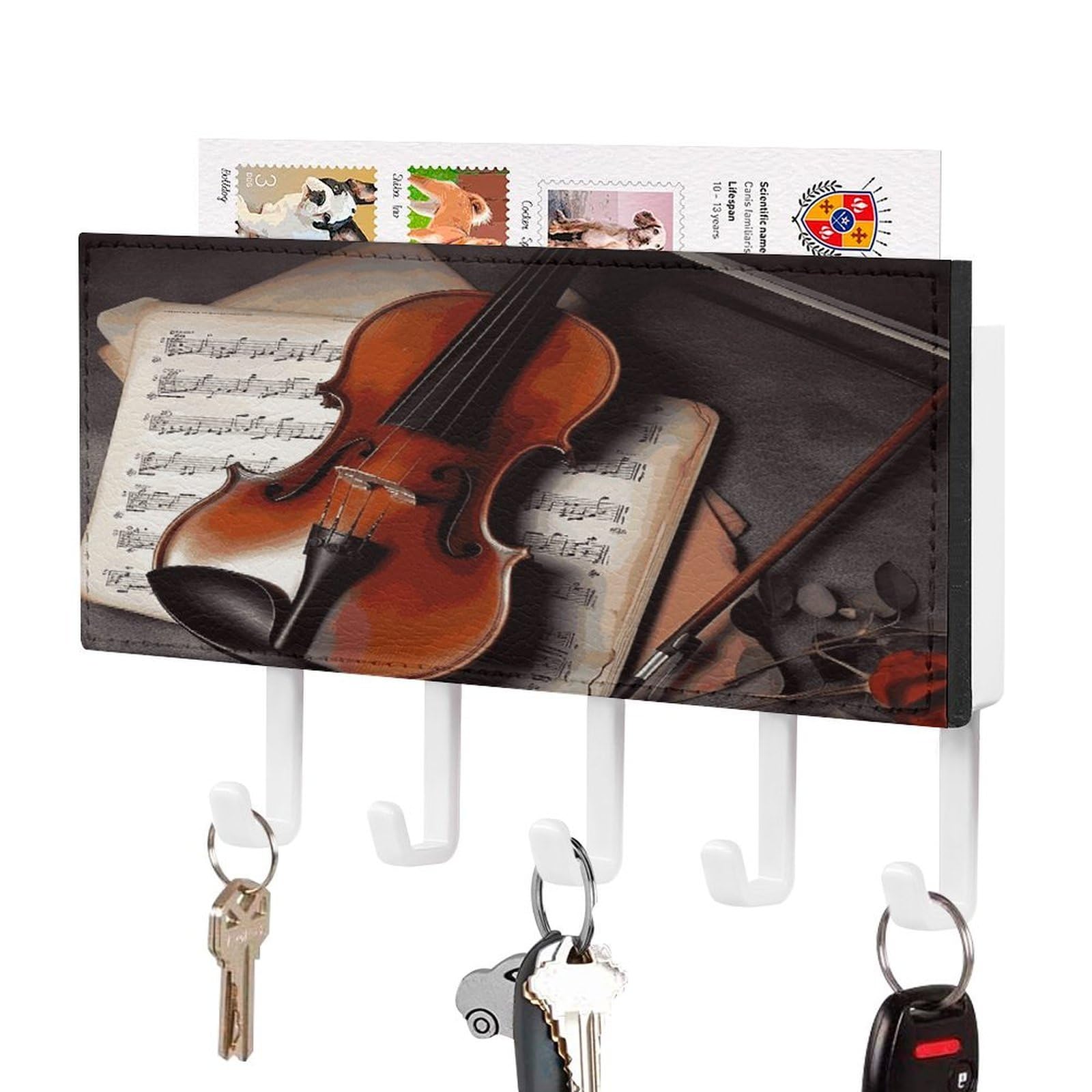 LDGSUPH Violin Sheet Music_78030672 Key Holder Wall Mount Key Hanger with 5 Hooks Fashion Key Organizer Rack Hanging Key Hooks with Mail Organizer Key Rack for Home Entryway Hallway White-Style