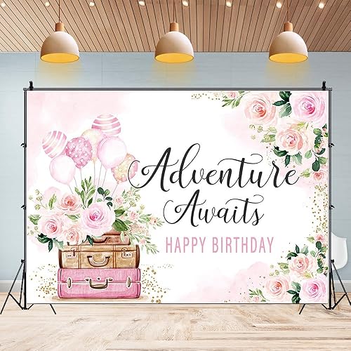 Miniatura 4 de Fondos de cumpleaños de Adventure Awaits - Globos florales rosados para maleta, fondo de fotos de viaje, tema de viaje, fiesta de cumpleaños, telón