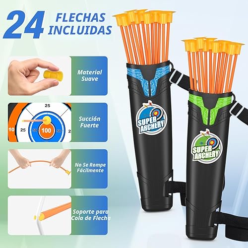 Miniatura 3 de Paquete de 2 arcos y flechas para niños, juego de tiro con luz LED con 24 flechas de ventosa, 1 objetivo de pie, 6 objetivos de puntuación y 2