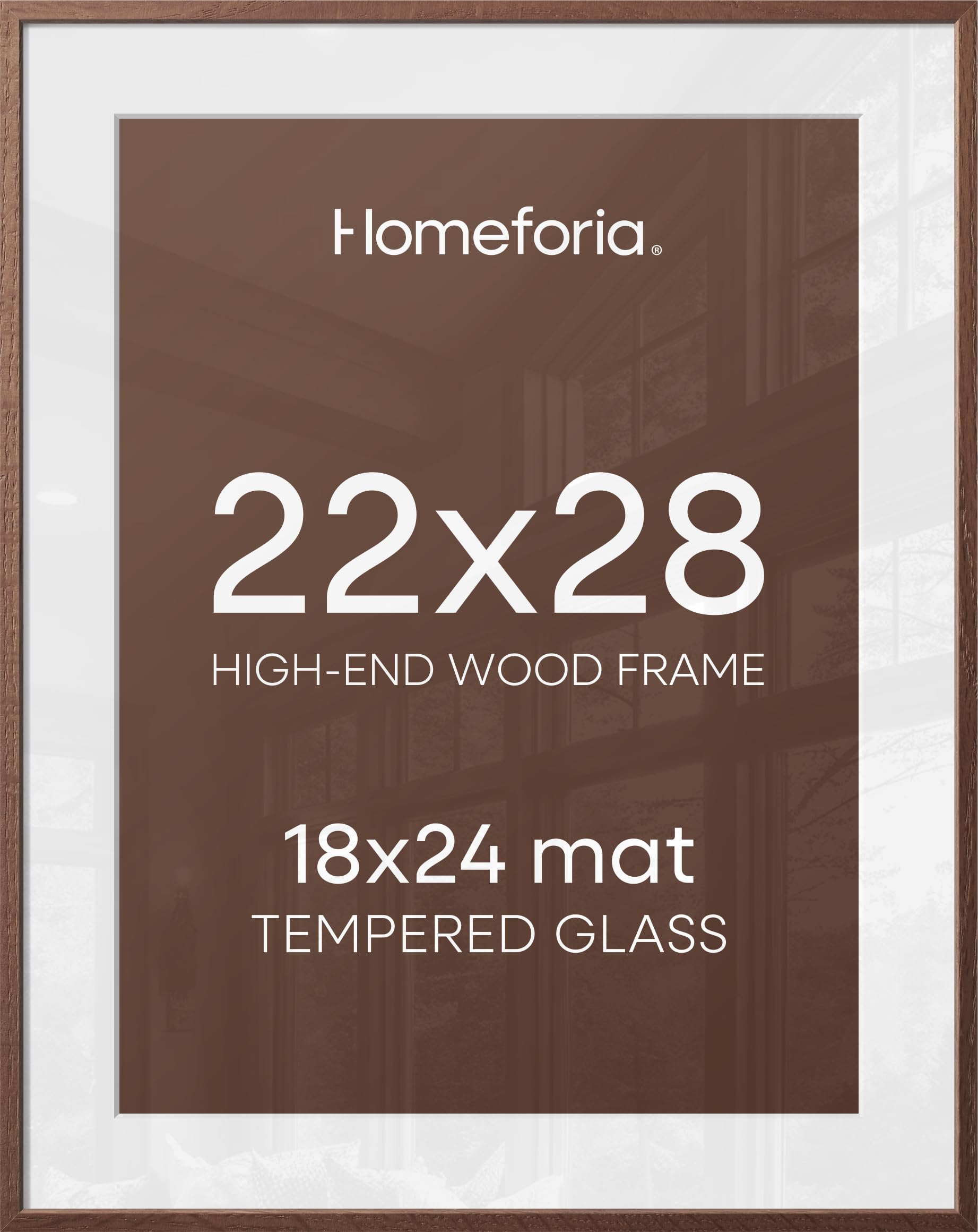 Homeforia 22x28 Poster Frame Walnut, High End Dark Oak 22x28 Large Wooden Picture Frame with Mat 18x24, 22 x 28 Brown Wood Frame Matted to 18 x 24, 28x22 Thin Frame, Tempered Glass, Wall Kit, Set of 1